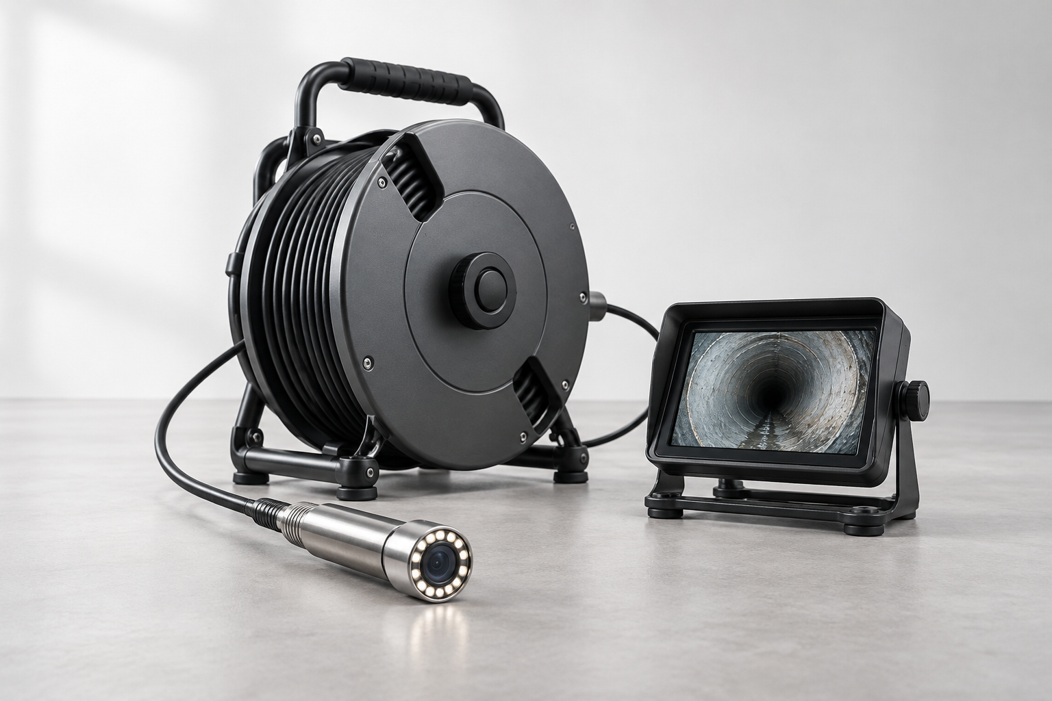 Pipe-inspection camera reel, monitor, and LED camera probe.
