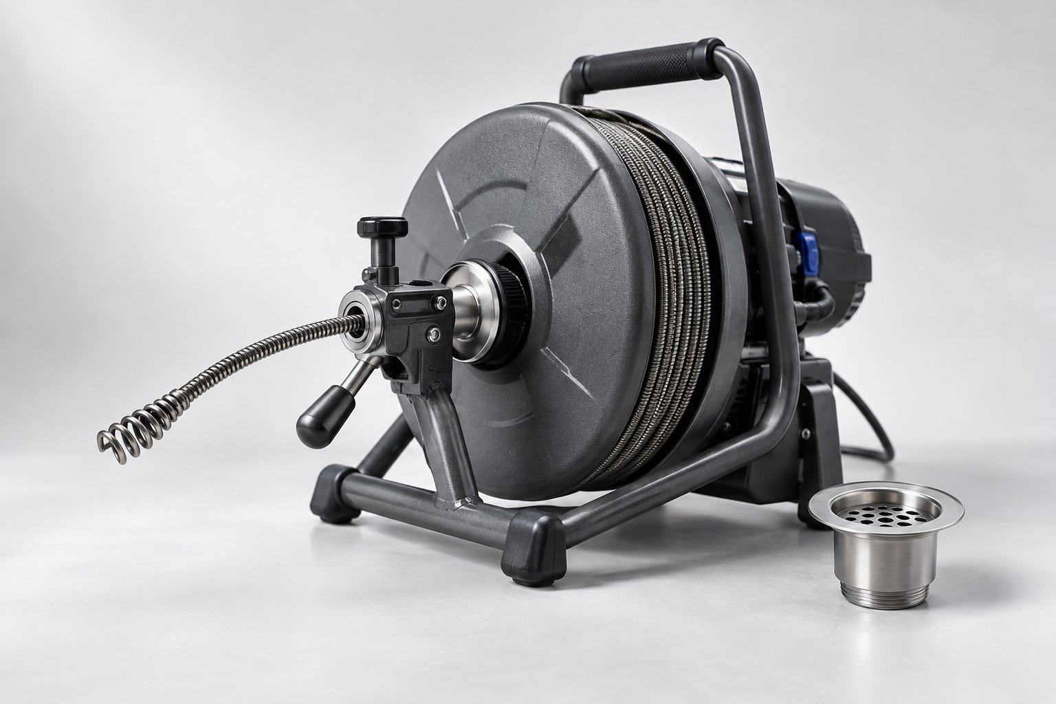 Drain-cleaning machine with a coiled cable and stainless drain fitting.