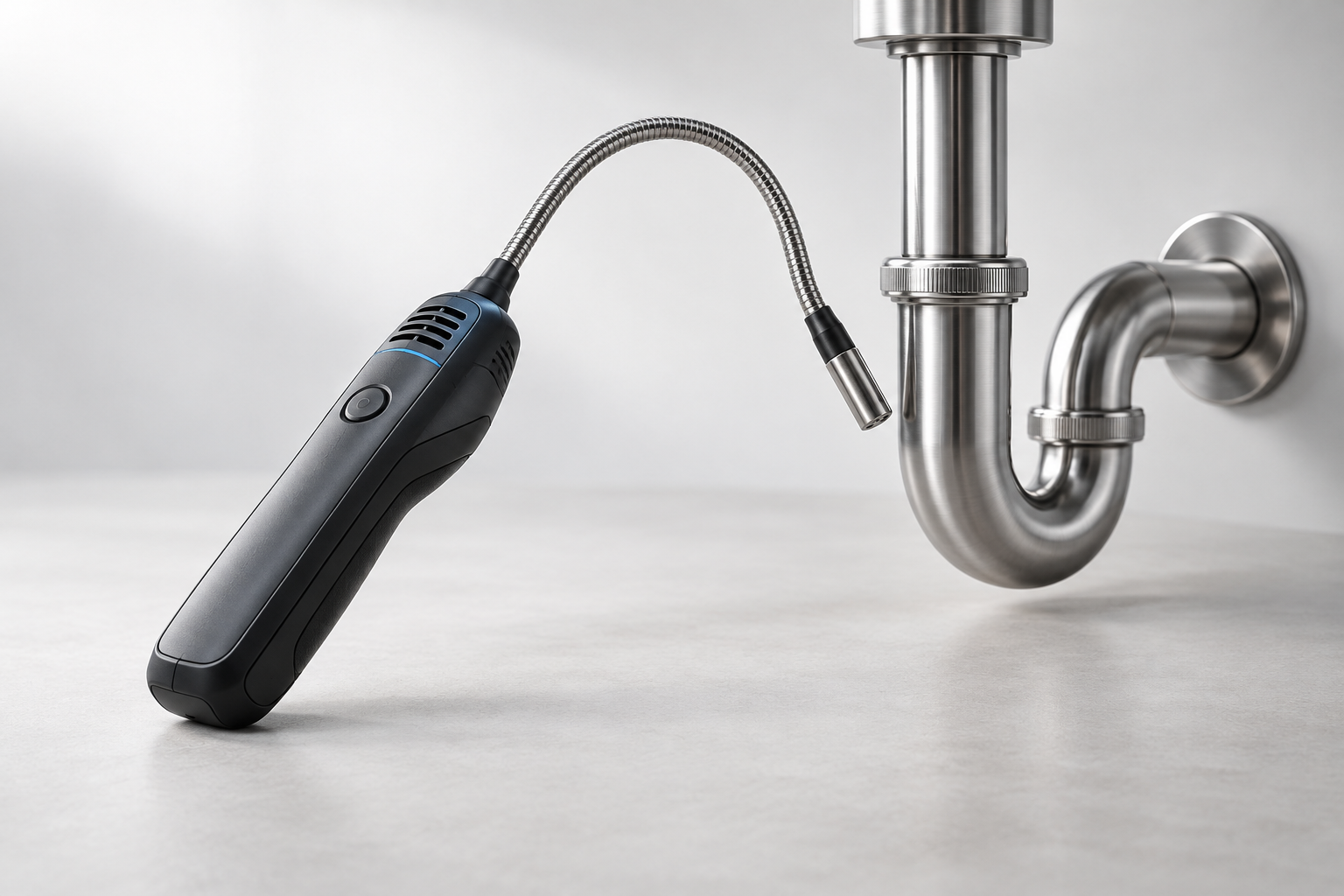 Electronic inspection probe beside a stainless plumbing trap.